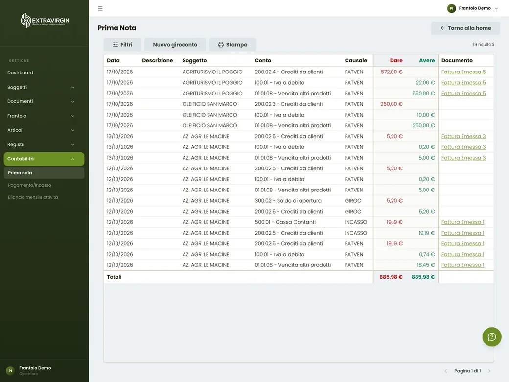 Cash book in the Extravirgin MINI olive mill software on an iPad